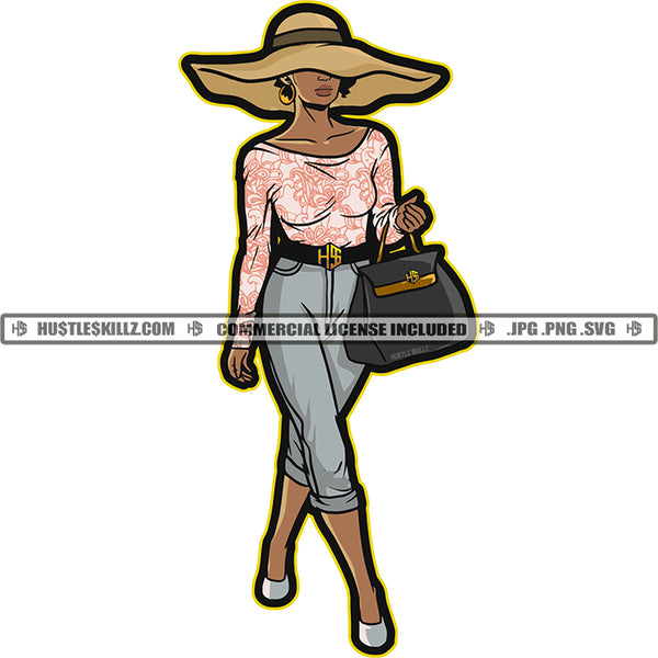African American Woman Standing Model Pose Vector Holding Hand Bag And Waring Hat Design Element White Background SVG JPG PNG Vector Clipart Cricut Cutting Files