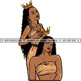 African American Two Beautiful Queens Crown On Head Curly Long Hair Style Design Element White Background Long Nail SVG JPG PNG Vector Clipart Cricut Cutting Files