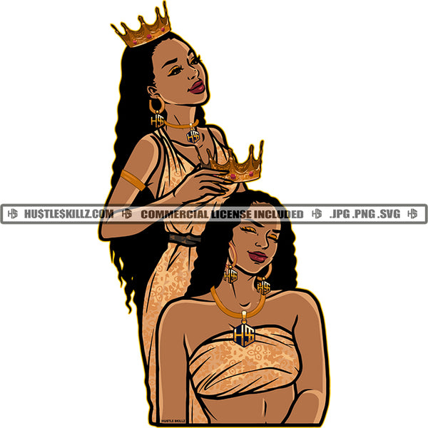 African American Two Beautiful Queens Crown On Head Curly Long Hair Style Design Element White Background Long Nail SVG JPG PNG Vector Clipart Cricut Cutting Files