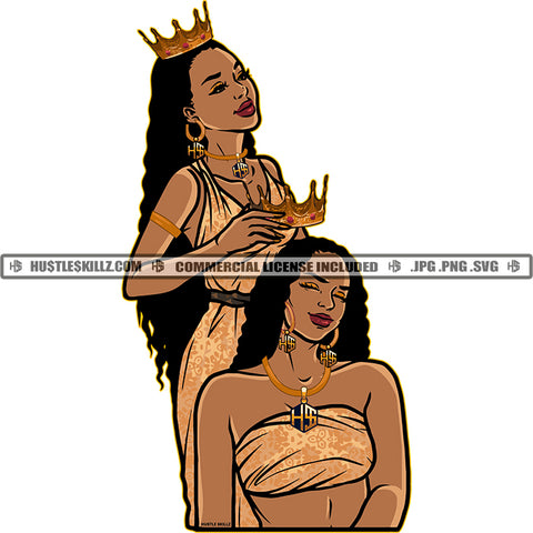 African American Two Beautiful Queens Crown On Head Curly Long Hair Style Design Element White Background Long Nail SVG JPG PNG Vector Clipart Cricut Cutting Files