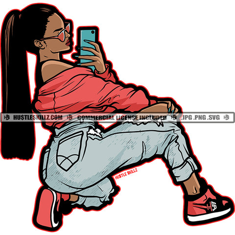 African American Woman Sitting Take Selfie Pose Design Element Color Design Element Long Hair Style Wearing Sunglasses SVG JPG PNG Vector Clipart Cricut Cutting Files