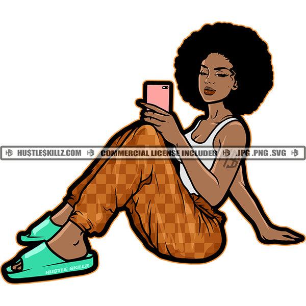 African American Woman Sitting Design Element Take Selfie Pose Vector Afro Big Hair Style White Background Wearing Slipper Shoe SVG JPG PNG Vector Clipart Cricut Cutting Files