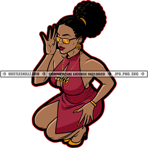 Young Black Sister Afro Puff Mauve Split Dress Showing Breast Gold Glasses Hand Holding Vector White Background Design Element SVG JPG PNG Vector Clipart Cricut Cutting Files