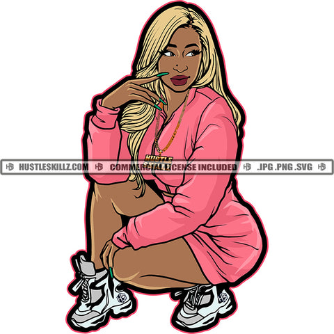 Blonde Hair Black Woman In Pink Dress White Sneakers Turquoise Fingernails Hustle Golden Hair White Background Long Nail Design Element SVG JPG PNG Vector Clipart Cricut Cutting Files