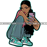 African American Woman Take Selfie Pose Hand Holding Phone Vector Design Element Woman Long Nail Design Sitting Pose SVG JPG PNG Vector Clipart Cricut Cutting Files