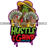 Hustle Grind Quote Color Vector Clown Woman Holding Money Design Element Melanin Woman Funny Face Wearing Cap Hustler Hustling SVG JPG PNG Vector Clipart Cricut Cutting Files