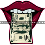 Woman Smile Red Lips Mouth Tongue Hundred Dollar Bill Tongue Cash Teeth Graphic Grind Hustler Hustling Vector Design Element SVG JPG PNG Vector Clipart Cricut Cutting Files