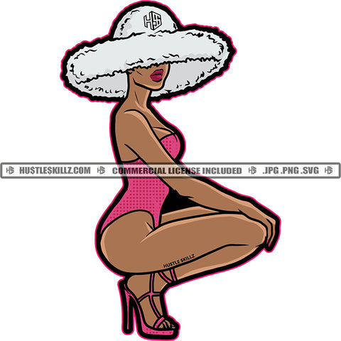 African American Woman Sitting Pose Wearing Hat Design Element Melanin Girl Wearing Short Dress Magic Ski Mask Gangster SVG JPG PNG Vector Clipart Cricut Cutting Files