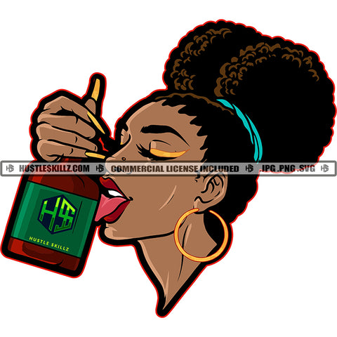 Black Woman Licking Bottle Whiskey Alcohol African American Woman Afro Hair Design Element SVG JPG PNG Vector Clipart Cricut Cutting Files