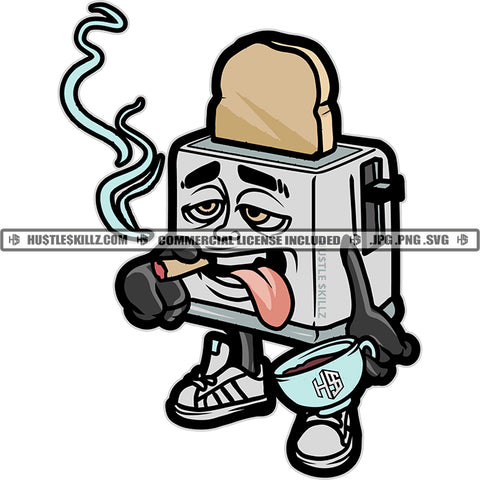 Bread Budding Machine Smoking Smile Face Design Element Hand Holding Coffee Mug SVG JPG PNG Vector Clipart Cricut Cutting Files