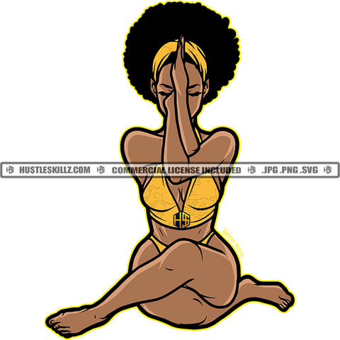 African American Woman Sitting Yoga Position Design Element Nubian Girl Afro Hair Black Girl Wearing Bikini Magic Ski Gangster SVG JPG PNG Vector Clipart Cricut Cutting Files