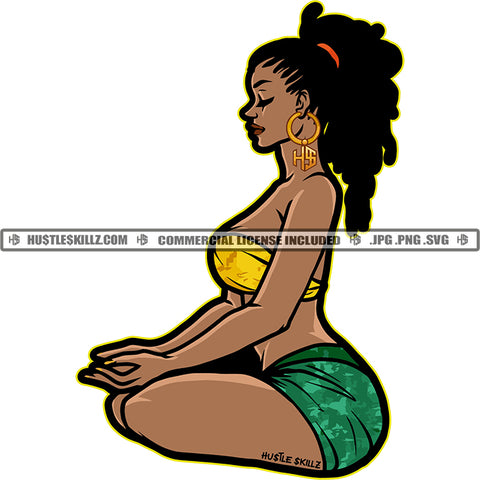 African American Woman Sitting On Yoga Position Melanin Girl Afro Hair Black Girl Wearing Bikini Design Element Magic Ski Mask Gangster SVG JPG PNG Vector Clipart Cricut Cutting Files