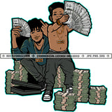 African American Baby Son And Father Holding Money Vector Design Element Money Bundle On Floor Gangster SVG JPG PNG Vector Clipart Cricut Cutting Files