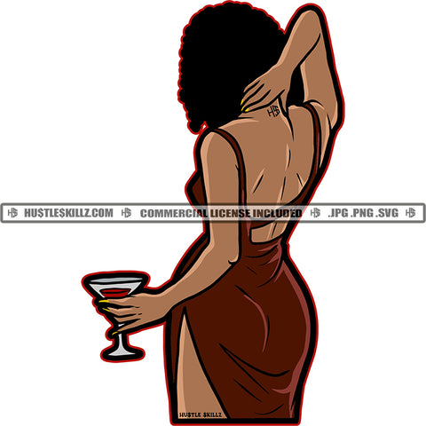 African American Woman Standing Backside Melanin Woman Holding Drink Glass Wearing Half Cloth Afro Hair Design Element SVG JPG PNG Vector Clipart Cricut Cutting Files