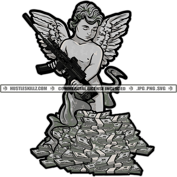 Gun Angle With Wings Design Element Lot Of Money Bundle On Floor SVG JPG PNG Vector Clipart Cricut Cutting Files