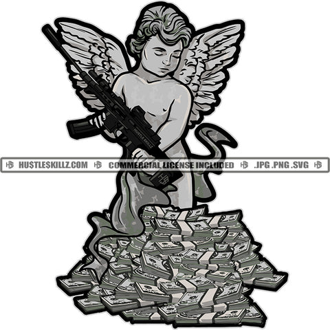 Gun Angle With Wings Design Element Lot Of Money Bundle On Floor SVG JPG PNG Vector Clipart Cricut Cutting Files