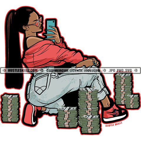 African American Woman Holding Phone Melanin Nubian Rich Girl Bundle Money On Floor Black Girl Magic Ski Gangster SVG JPG PNG Vector Clipart Cricut Cutting Files
