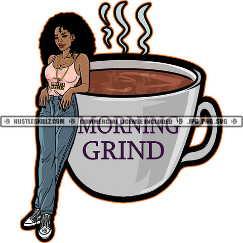 Morning Grind Quote Color Vector African American Woman Melanin Nubian Girl Black Girl Magic Ski Mask Gangster SVG JPG PNG Vector Clipart Cricut Cutting Files