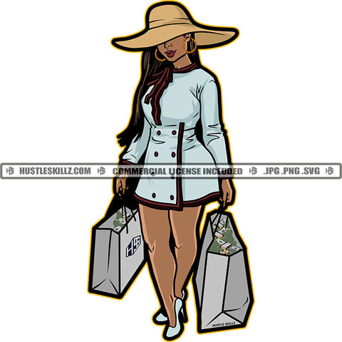 African American Woman Standing Melanin Girl Holding Money Bag Black Girl Wearing Cap Magic Ski Mask Gangster SVG JPG PNG Vector Clipart Cricut Cutting Files