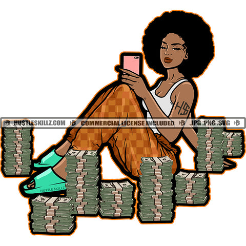 African American Woman Sitting Holding Phone Design Element Melanin Girl Bundle Money Curly Hair Black Girl Magic Ski Gangster SVG JPG PNG Vector Clipart Cricut Cutting Files