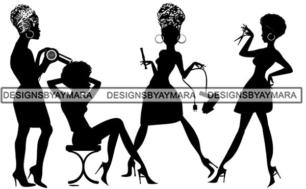 Tailor Woman Black Silhouette Afro Woman Hair Salon Housewife Silhouette Women Black Background Girls Squad Pose SVG JPG PNG Vector Clipart Cricut Cutting Files