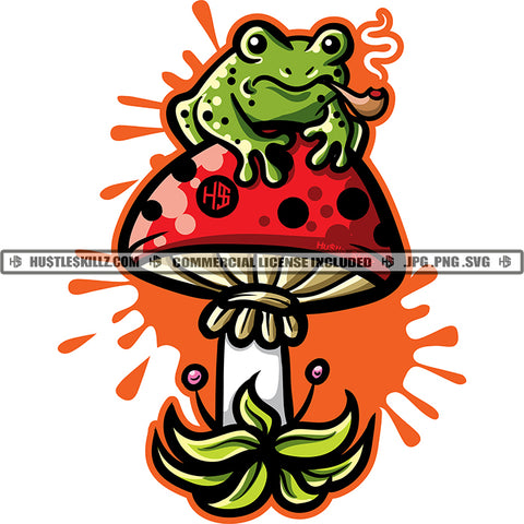 Cartoon Frog On Mushroom Colorful Artwork Design Element Color Dripping SVG JPG PNG Vector Clipart Cricut Cutting Files