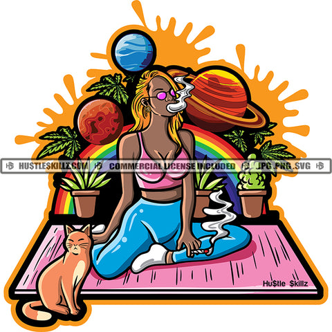 Hot African American Women Smoking Marijuana Colorful Vector Design Women Sitting On Mat With Cat Cannabis Blunt Smoking Vector Art Rainbow and Galaxy Background Design Silhouette SVG JPG PNG Vector Clipart Cricut Cutting Files