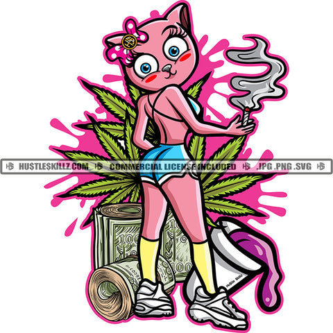 Cute And Sexy Cat Women Holding Cannabis Blunt Colorful Vector Design Marijuana Leaf With Bundles Of Money Dripping Design Element Smoking  Silhouette SVG JPG PNG Vector Clipart Cricut Cutting Files