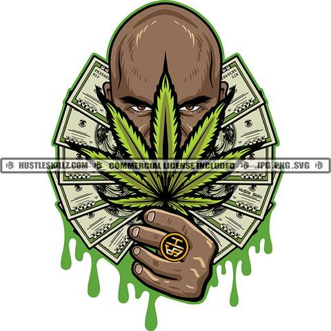 Bald Black Man Holding Marijuana Leaf Colorful Design Element Bald Black Man With Money And Cannabis Leaf Wearing Ring On Finger Dripping Vector Art Silhouette SVG JPG PNG Vector Clipart Cricut Cutting Files