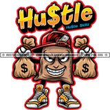 Hustle Text Color Vector Money Bag Cartoon Design Element Holding Money Bag Wearing Hat Smile Face Dripping Hard Hustler Hustler Hustling Clipart JPG PNG SVG