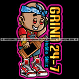 Grind 24-7 Hustle Skillz Quote Color Vector African American Swag Boy Holding Bottle Design Element Smile Face Dripping Hard Hustler Text Hustler Hustling Clipart JPG PNG SVG