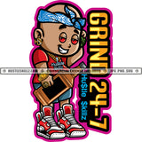 Grind 24-7 Hustle Skillz Quote Color Vector African American Swag Boy Holding Bottle Design Element Smile Face Dripping Hard Hustler Text Hustler Hustling Clipart JPG PNG SVG