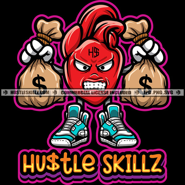 Hustle Skillz Quote Color Vector Evil Money Bag Cartoon Angry Face Design Element Holding Money Bag Dripping Hard Hustler Hustler Hustling Clipart JPG PNG SVG