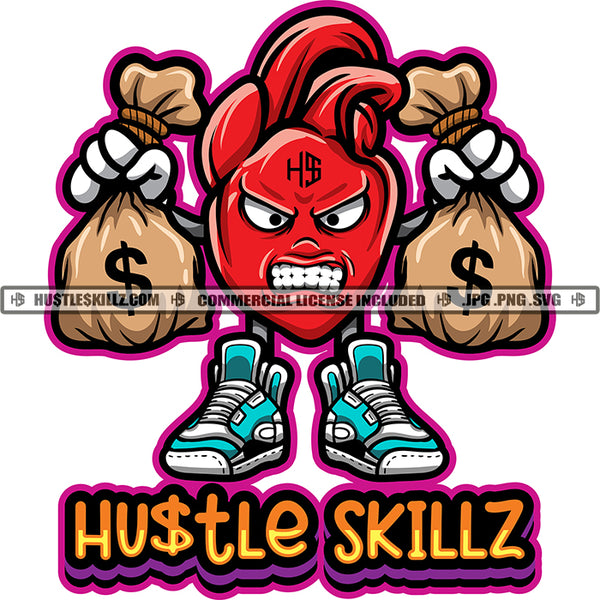 Hustle Skillz Quote Color Vector Evil Money Bag Cartoon Angry Face Design Element Holding Money Bag Dripping Hard Hustler Hustler Hustling Clipart JPG PNG SVG