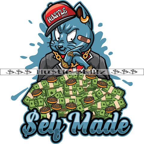 Self Made Quote Color Vector Gangster Cat Sitting Money And Bitcoin Design Element Gangster Cat Waring Cap Hustler Hard Text Hustler Hustling Clipart JPG PNG SVG