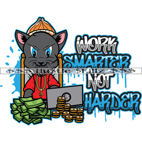 Work Smarter Not Harder Quote Color Vector Scarface Gangster Cat Sitting on Chair Design Element Money Bundle Bitcoin On Table Hustler Hard Text Hustler Hustling Clipart JPG PNG SVG