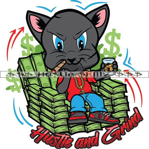Hustle And Grind Quote Color Vector Scarface Gangster Cat Sitting On Money Bundle Chair Design Element Gangster Cat Hustler Hard Text Hustling Clipart JPG PNG SVG