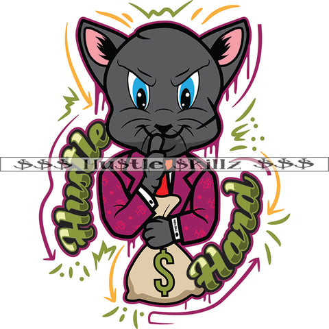 Hustle Hand Quote Color Vector Scarface Gangster Cat Holding Money Bag Design Element Smile Face Hustler Hustling Clipart JPG PNG SVG