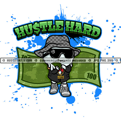 Hustler Hard Green Text Color Vector Icecream Grind Wearing Sunglass Hat Design Element Holding Money Clipart JPG PNG SVG