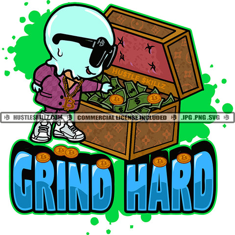 Grind Hard Text Color Vector Icecream Grind Wearing Sunglass Money Box Design Element Hustler Hustling Hip Hop Swag Bitcoin Clipart JPG PNG SVG