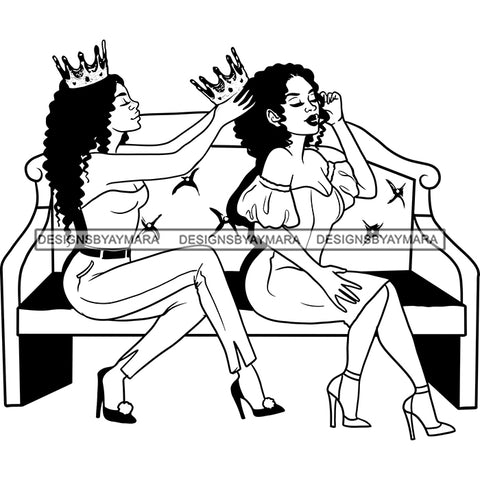 Afro Sexy Queen Sitting On Sofa Crown On Head Design Element Black And White BW Best Friend Woman Curly Hair Style SVG JPG PNG Vector Clipart Cricut Cutting Files