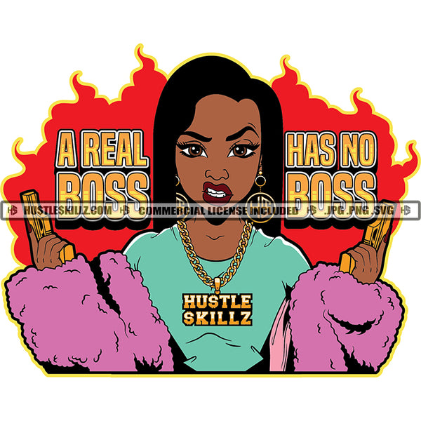A Real Boss Has No Boss Quotes Color Vector African American Gangster Woman Holding Gun Design Element Nubian Angry Face Woman Lola Grinding SVG JPG PNG Vector Clipart Cricut Cutting Files