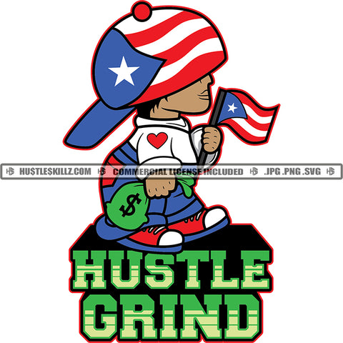 Puerto Rico Flag Boricua Puerto Rican Boy Hustle Grind Quote Color Vector Cartoon African American Man Holding USA Flag Design Element Nubian Man Waring Cap USA Flag United Kingdom Lola Hustler SVG JPG PNG Vector Clipart Cricut Cutting Files