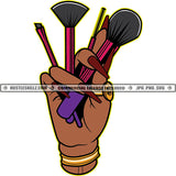 Light Tan Hand Holding Makeup Tools Vector Brushes Sponges Eyelash Brush Gold Ring SVG JPG PNG Vector Clipart Cricut Cutting Files
