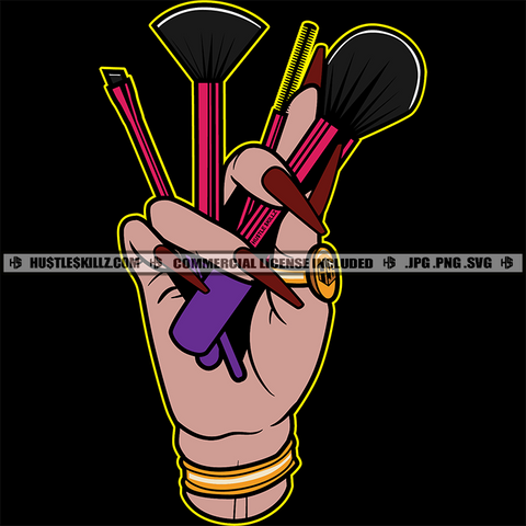 Light Tan Hand Holding Makeup Tools Vector Brushes Sponges Eyelash Brush Gold Ring Design Element Black Background SVG PNG JPG Vector Cut Cutting Files