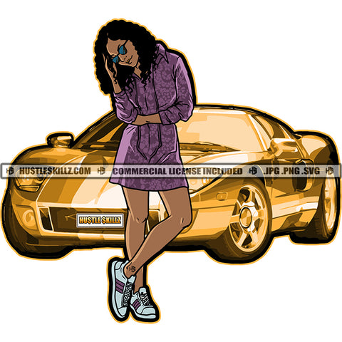 African American Rich Girls Standing On Golden Lamborghini Cars Melanin Girl Black Curly Hair Magic Ski Mask Gangster SVG JPG PNG Vector Clipart Cricut Cutting Files