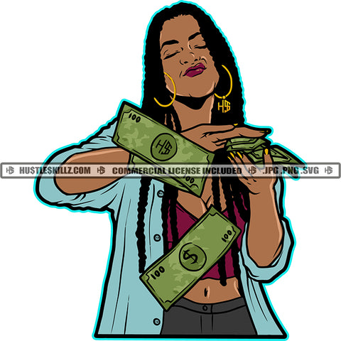 African American Gangster Woman Locs Dreads Hair Design Element Melanin Nubian Girl Holding Money Black Girl Magic Ski Mask Gangster SVG JPG PNG Vector Clipart Cricut Cutting Files