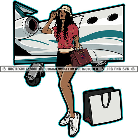 African American Rich Girls On Standing On Airplane Jet Melanin Nubian Girl Holding Bag Magic Ski Bag On Floor Design Element Gangster SVG JPG PNG Vector Clipart Cricut Cutting Files