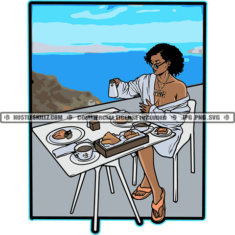 African American Rich Girl Sitting On Launce Food Table Melanin Nubian Girl Curly Hair Design Element Magic Ski Gangster SVG JPG PNG Vector Clipart Cricut Cutting Files