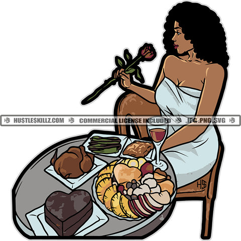African American Rich Woman Sitting On Food Table Melanin Nubian Girl Holding Rose Flower Magic Ski Gangster SVG JPG PNG Vector Clipart Cricut Cutting Files
